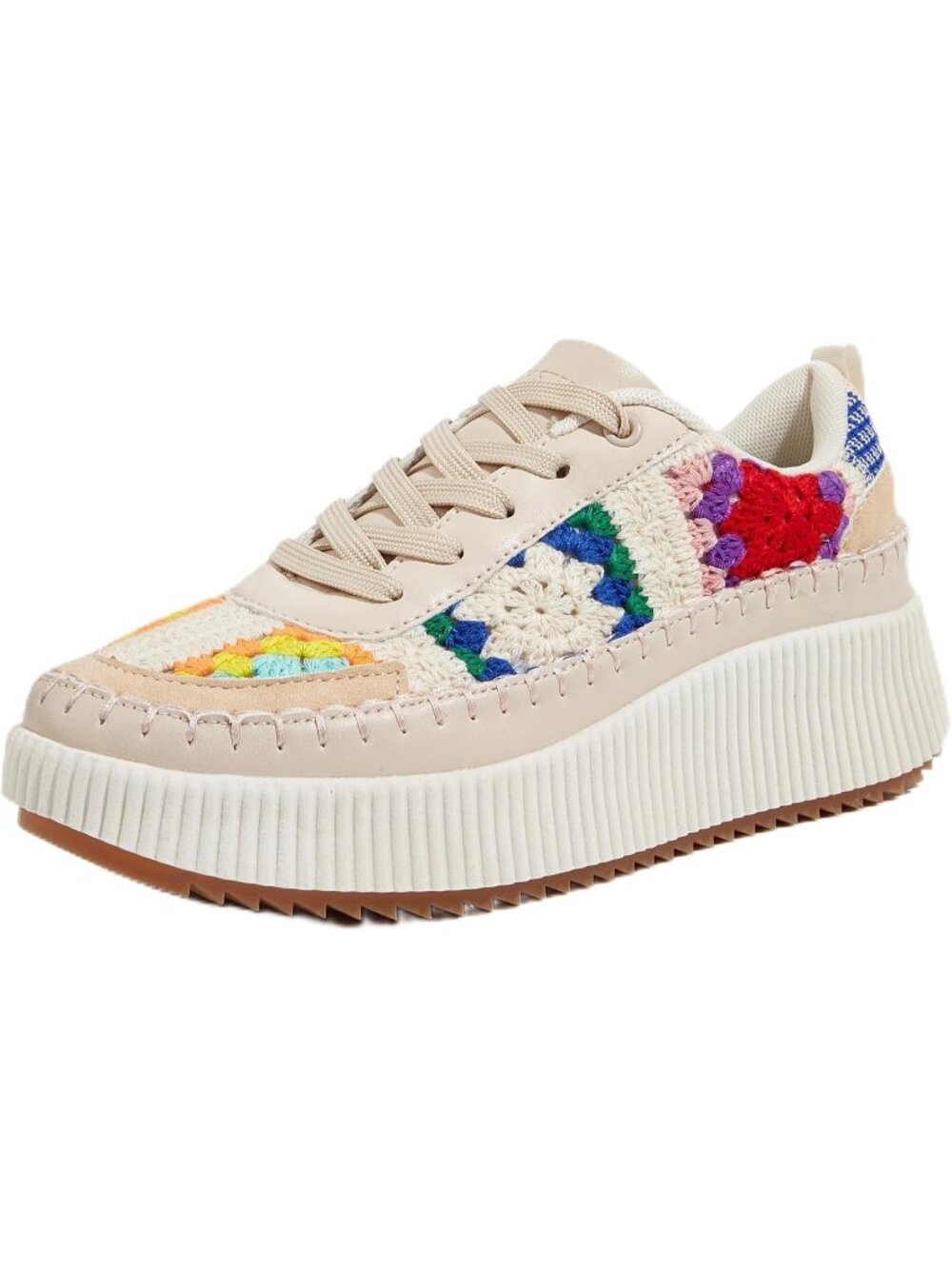 Women's Nude Flower Knit Woven Platform Lace Up Anti Slip Durable Chunky Sneaker